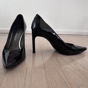 Stuart Weitzman Black Patent Leather Heist Pointed Toe Pump -US 8